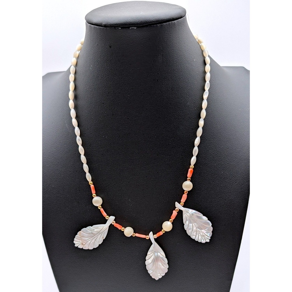 Vintage Mother of Pearl Leaf Necklace Pink Coral Shell Beaded Iridescent Cream